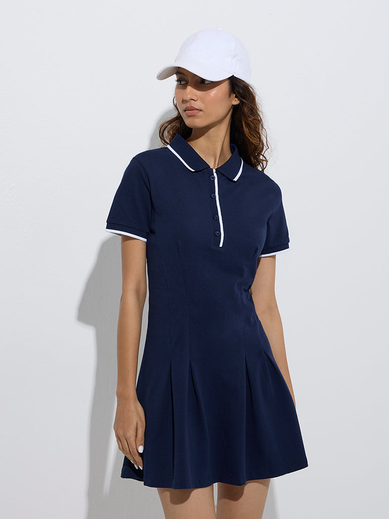 Westside Studiofit Women's Navy Pleated A-Line Dress for Sports Wear Front View