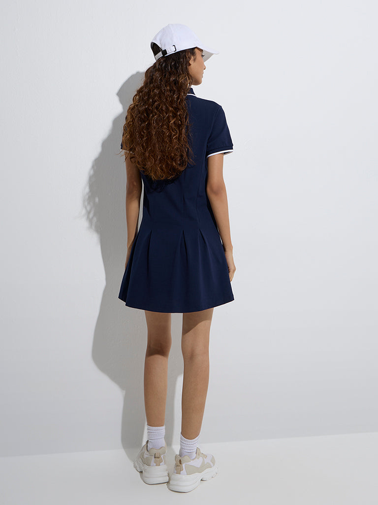 Westside Studiofit Women's Navy Pleated A-Line Dress for Sports Wear Back View