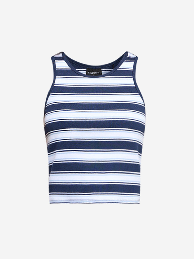 Westside Studiofit Women's Navy Stripe Pattern Cotton-Blend Tank Top for Sports Wear Flatly View