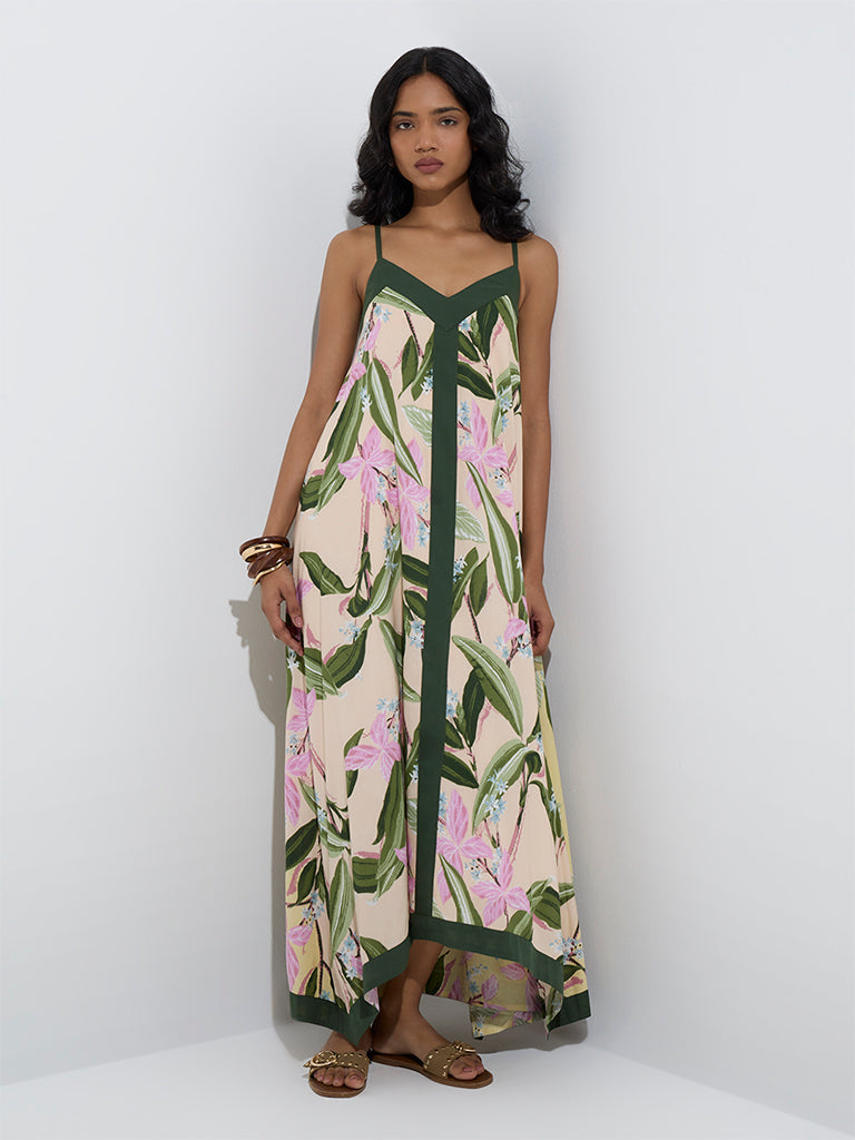 Westside LOV Women's Yellow Botanical-Inspired Cotton A-Line Dress for Casual Wear Full Model View