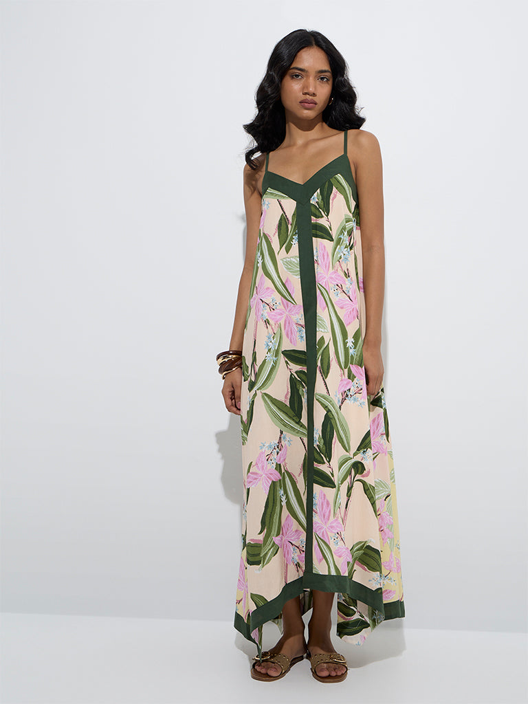 Westside LOV Women's Yellow Botanical-Inspired Cotton A-Line Dress for Casual Wear Front  View