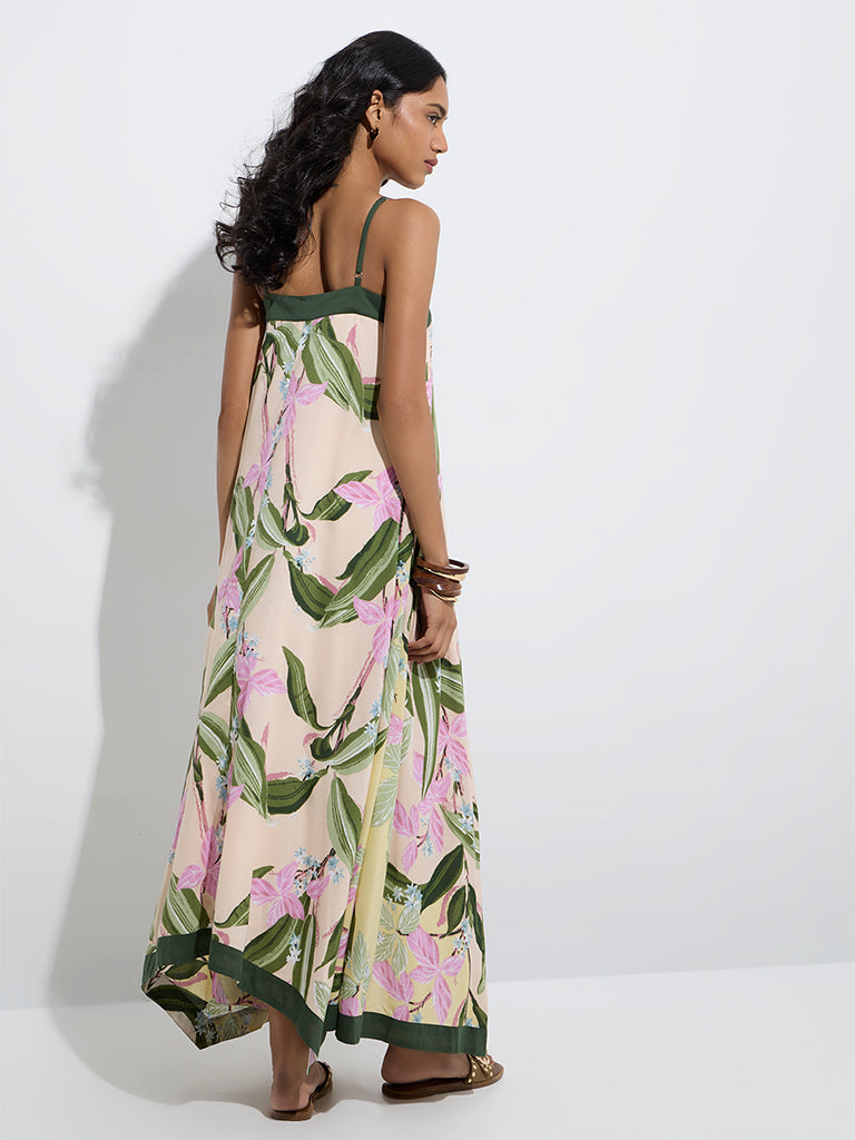 Westside LOV Women's Yellow Botanical-Inspired Cotton A-Line Dress for Casual Wear Back View