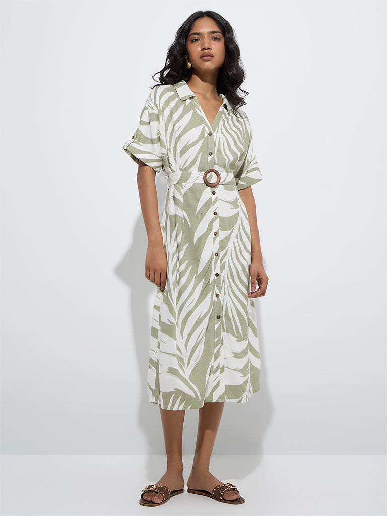 Westside LOV Women's Sage Leaf Design Shirt Dress with Belt for Casual Wear Full Model View