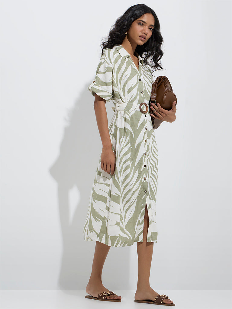 Westside LOV Women's Sage Leaf Design Shirt Dress with Belt for Casual Wear Front View