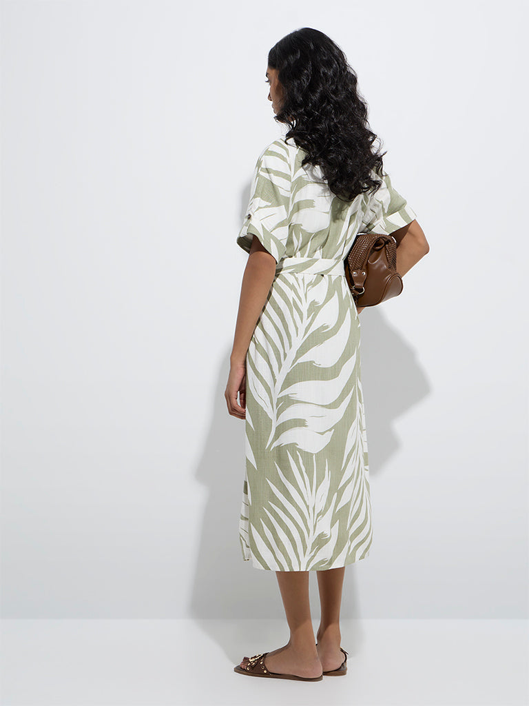 Westside LOV Women's Sage Leaf Design Shirt Dress with Belt for Casual Wear Back View