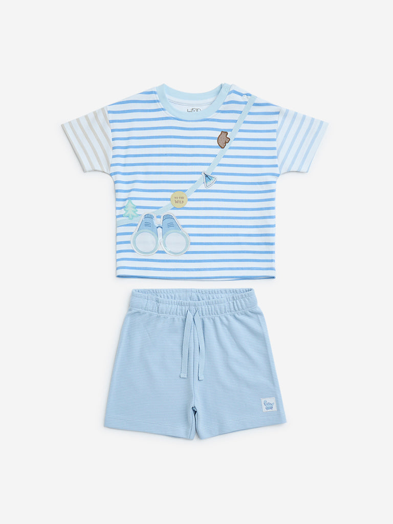 Westside HOP Baby Boys Blue Striped Cotton T-Shirt and Shorts Set for Casual Wear Front  View