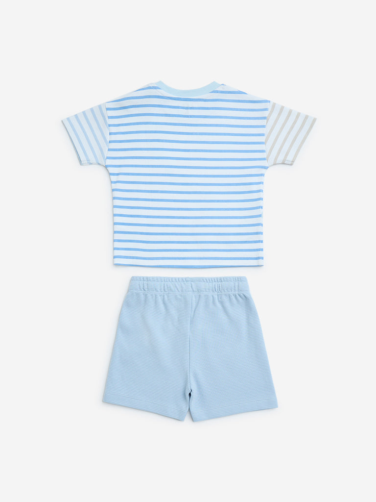 Westside HOP Baby Boys Blue Striped Cotton T-Shirt and Shorts Set for Casual Wear Back View