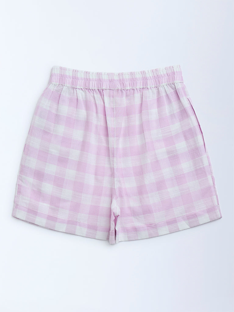 Utsa Kids Lilac Checks Design Cotton Shorts - (8-14yrs)