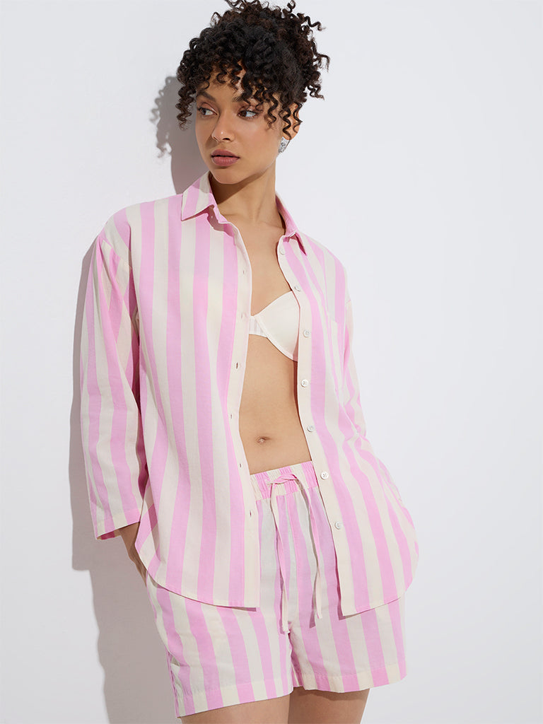 westisde Wunderlove Women's Pink Striped Cotton Shirt and Shorts Set for Casual Wear Front View