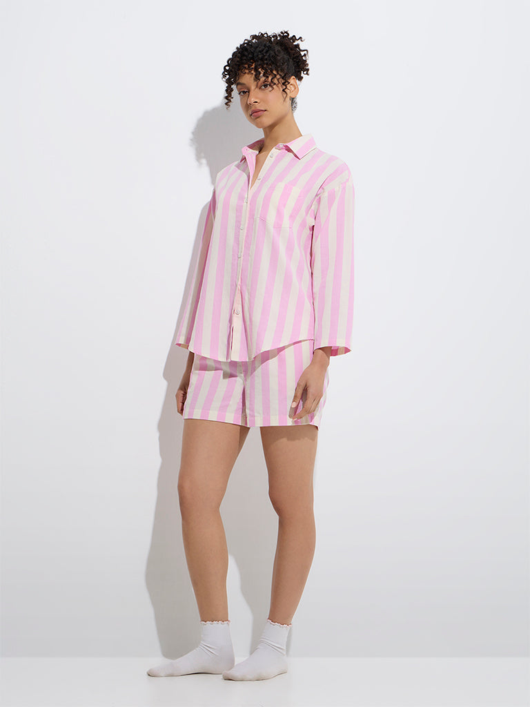westisde Wunderlove Women's Pink Striped Cotton Shirt and Shorts Set for Casual Wear Full Model View
