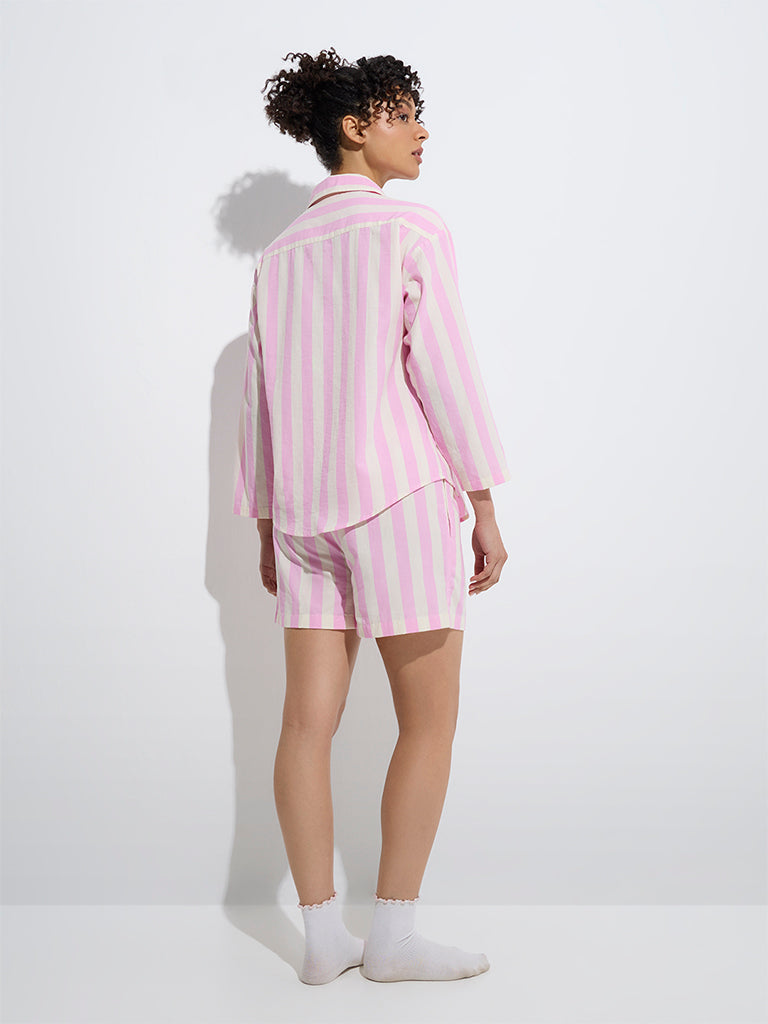 westisde Wunderlove Women's Pink Striped Cotton Shirt and Shorts Set for Casual Wear Back View