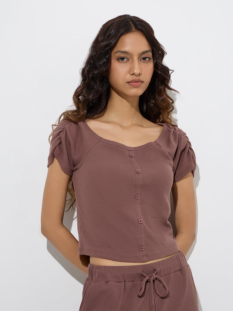 Superstar Brown Ribbed-Textured Cotton-Blend Top
