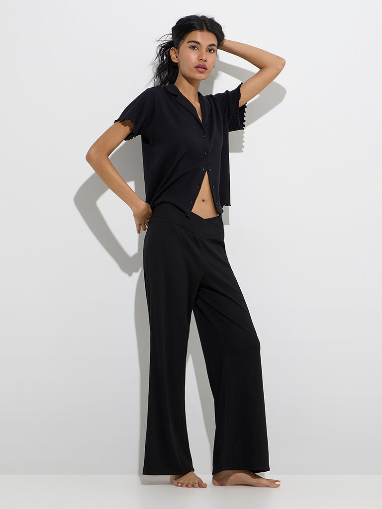 Westside Superstar Women's Black Ribbed-Textured Cotton-Blend Shirt for Casual Wear Full Model View