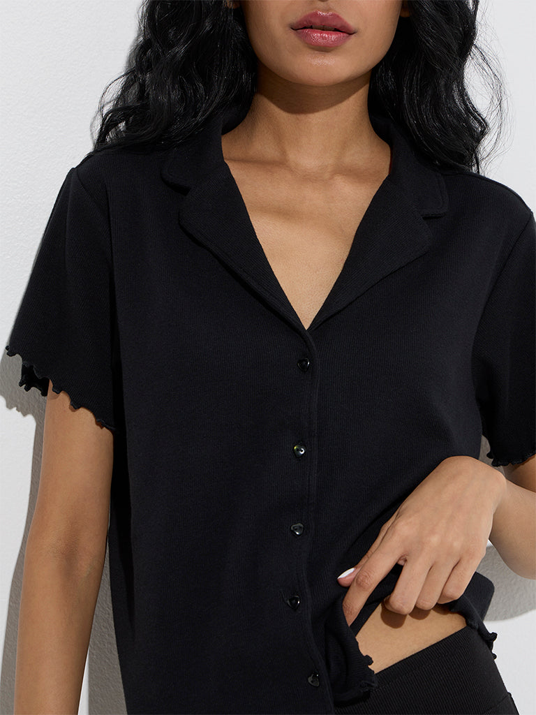Westside Superstar Women's Black Ribbed-Textured Cotton-Blend Shirt for Casual Wear Zoom View