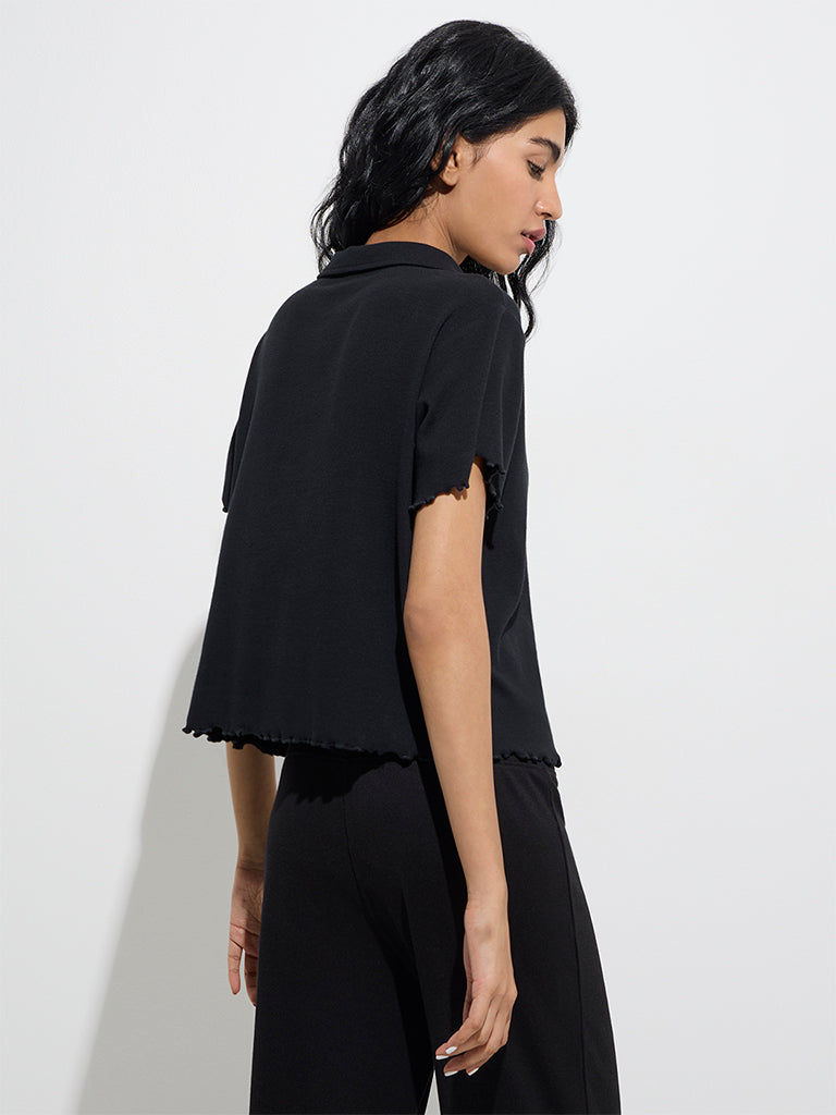 Westside Superstar Women's Black Ribbed-Textured Cotton-Blend Shirt for Casual Wear Back View