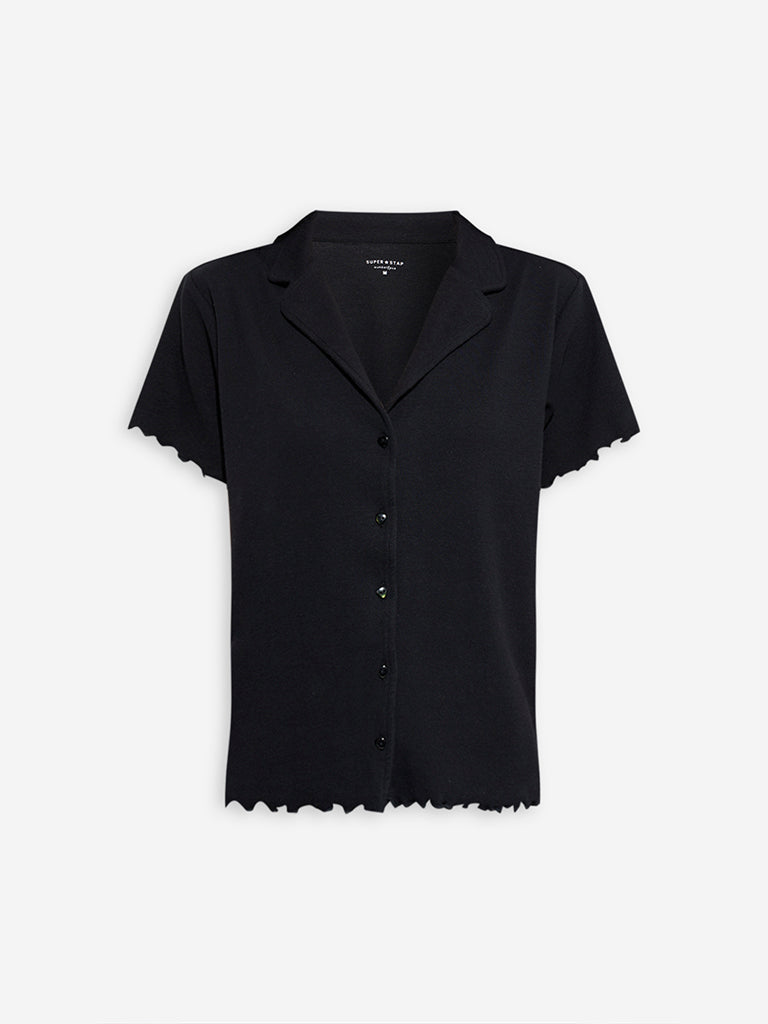Westside Superstar Women's Black Ribbed-Textured Cotton-Blend Shirt for Casual Wear Flatly View