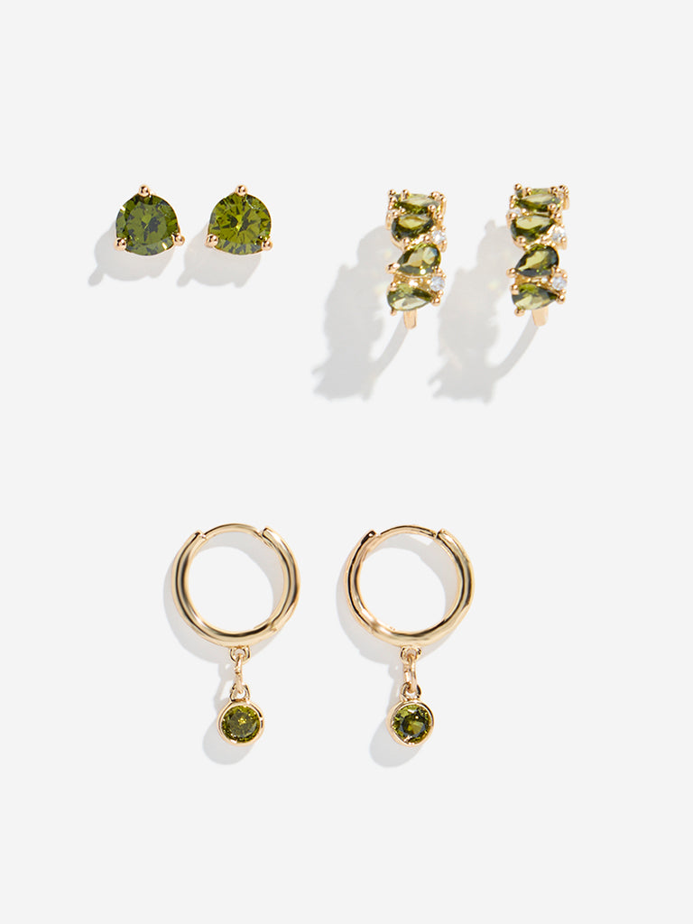 Westside Accessories Gold & Green Stud & Hoop Earrings Set - Pack of 3