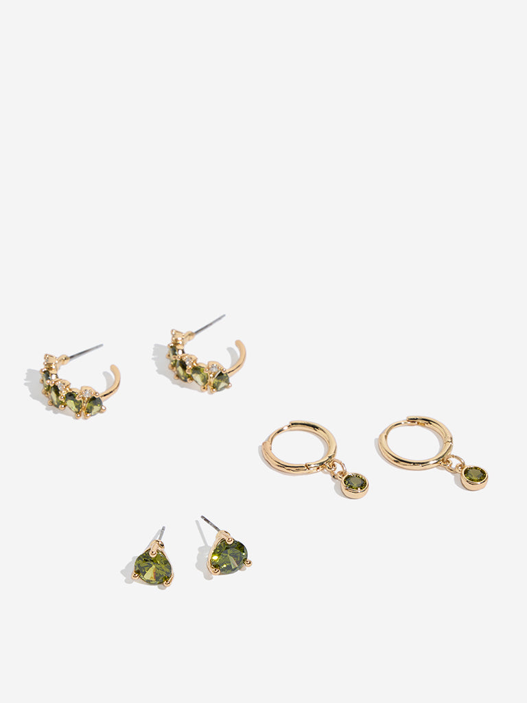 Westside Accessories Gold & Green Stud & Hoop Earrings Set - Pack of 3