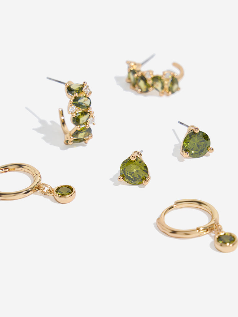 Westside Accessories Gold & Green Stud & Hoop Earrings Set - Pack of 3