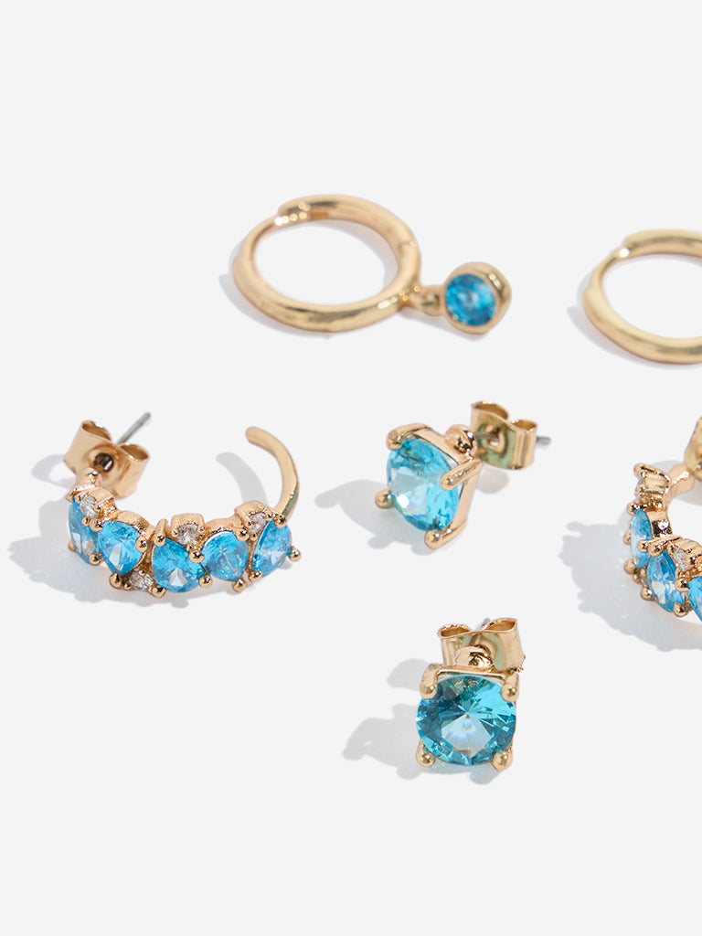 Buy Westside Accessories Gold Blue Stud Hoop Earrings Set