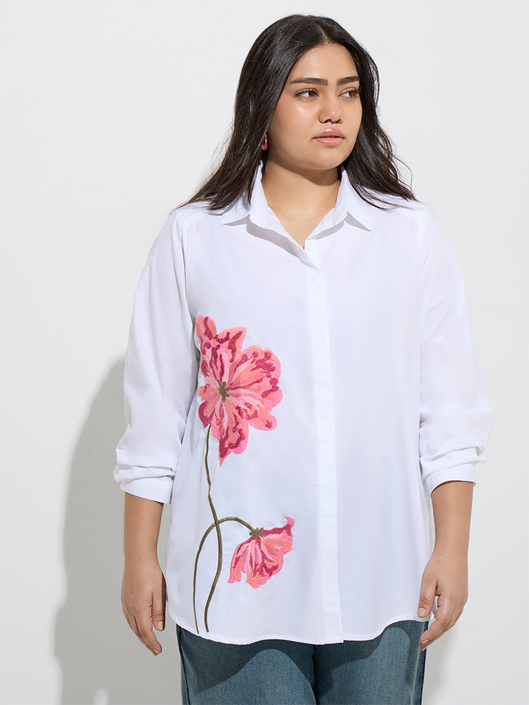 Gia White Floral Embroidered Cotton Shirt