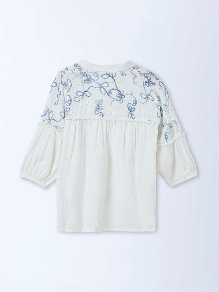 Gia Off-White Floral Embroidered Cotton Blouse