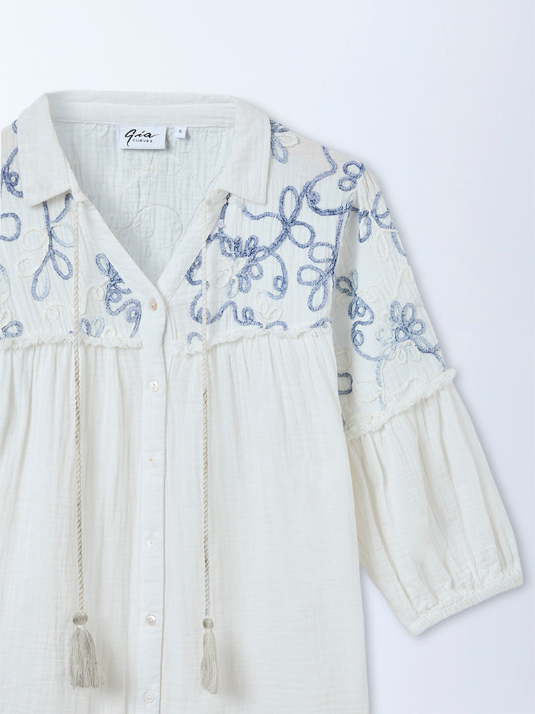 Gia Off-White Floral Embroidered Cotton Blouse