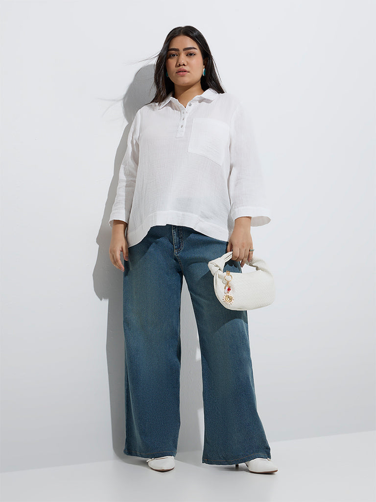 Westside Gia Women's White Crinkle-Textured Cotton Blouse for Casual Wear Full Model View
