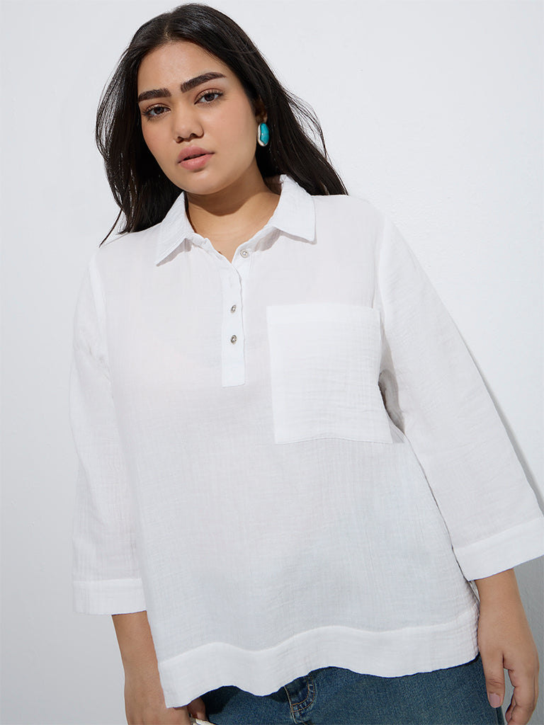 Westside Gia Women's White Crinkle-Textured Cotton Blouse for Casual Wear Front View