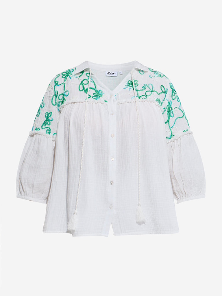 Westside Gia Women's White Botanical Embroidered Blouse for Casual Wear Flatly View