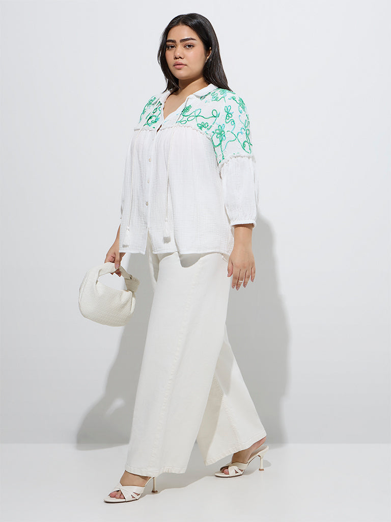 Westside Gia Women's White Botanical Embroidered Blouse for Casual Wear Full Model View