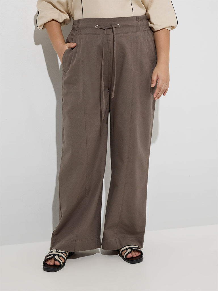 Gia Taupe Solid High-Rise Cotton Pants