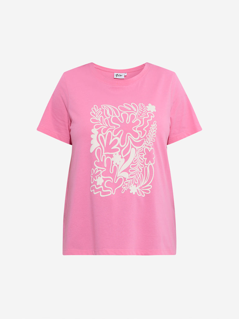 Westside Gia Women's Pink Printed Cotton T-Shirt for Casual Wear Flatly View
