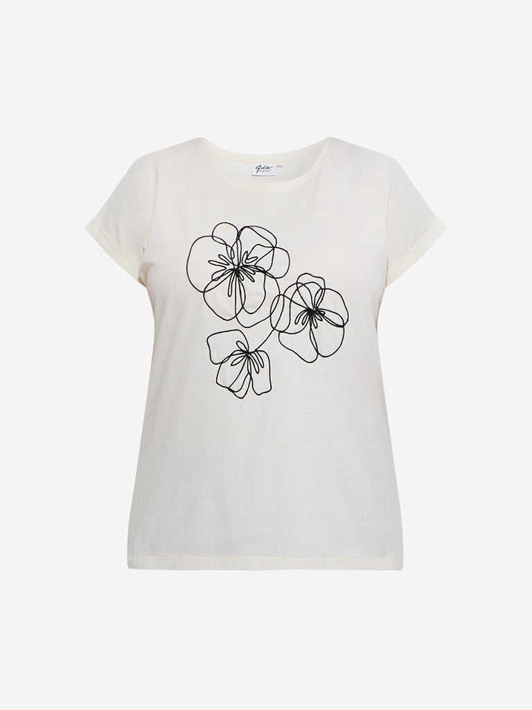 Buy Gia Off-White Floral Design Cotton T-Shirt from Westside