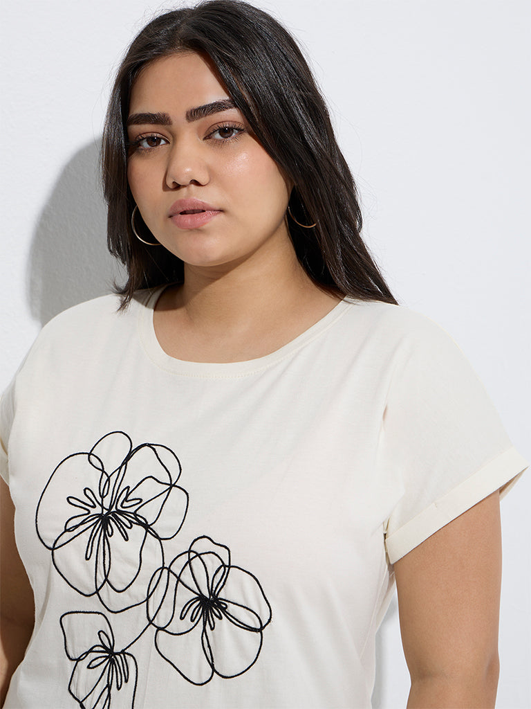 Buy Gia Off-White Floral Design Cotton T-Shirt from Westside