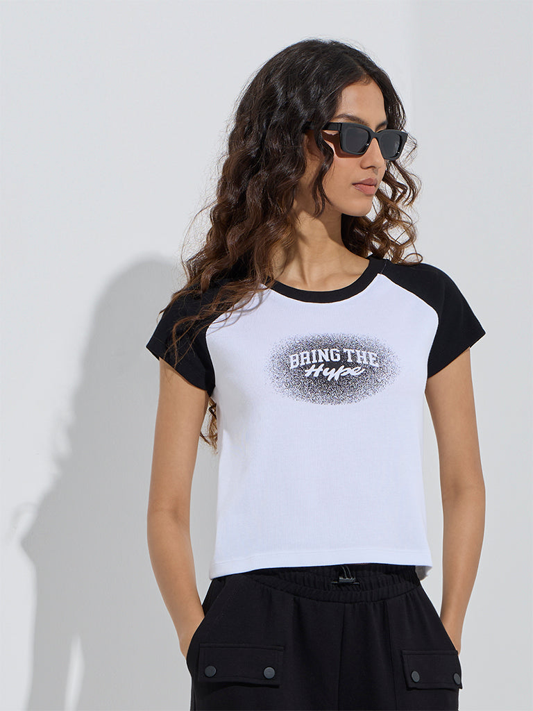 Westside Studiofit Women's White Text Patterned Cotton-Blend T-Shirt for Sports Wear Front View
