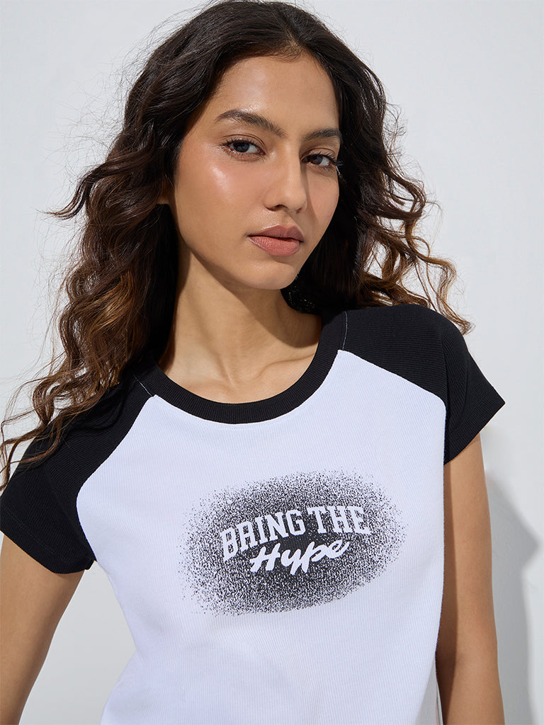 Westside Studiofit Women's White Text Patterned Cotton-Blend T-Shirt for Sports Wear Zoom View