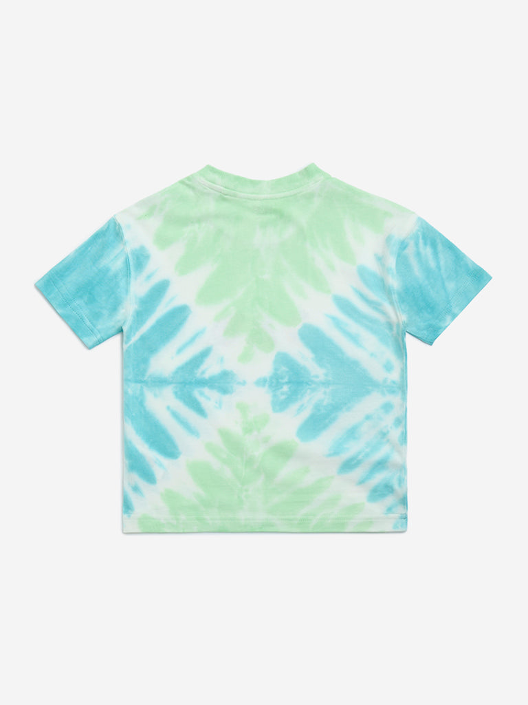 HOP Kids Green Tie-Dye Printed Cotton T-Shirt