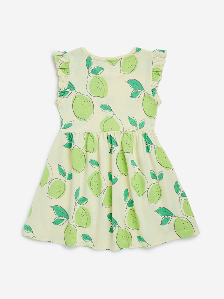 Westside HOP Kids Girls' Mint Lemon Printed Cotton A-Line Dress for Casual Wear Back View