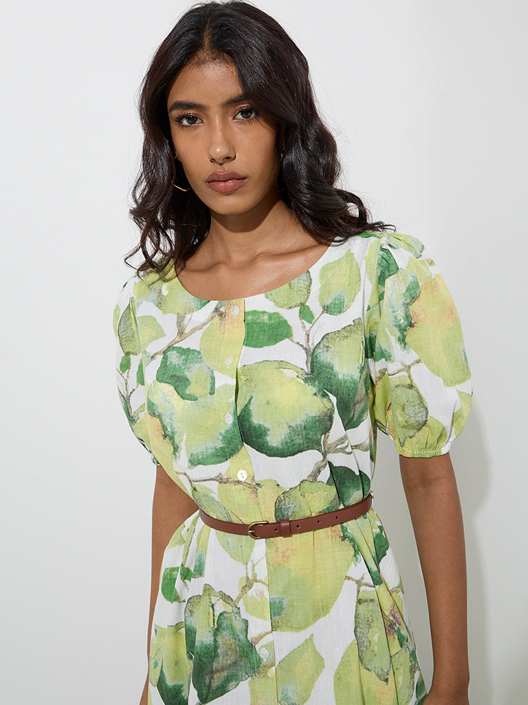 Utsa Lime Botanical Design Cotton A-Line Dress with Belt