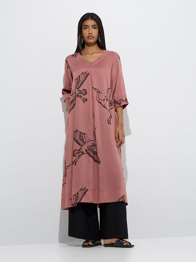 Westside Utsa Women's Dusty Peach Bird Printed A-Line Kurta for Work Wear Front View