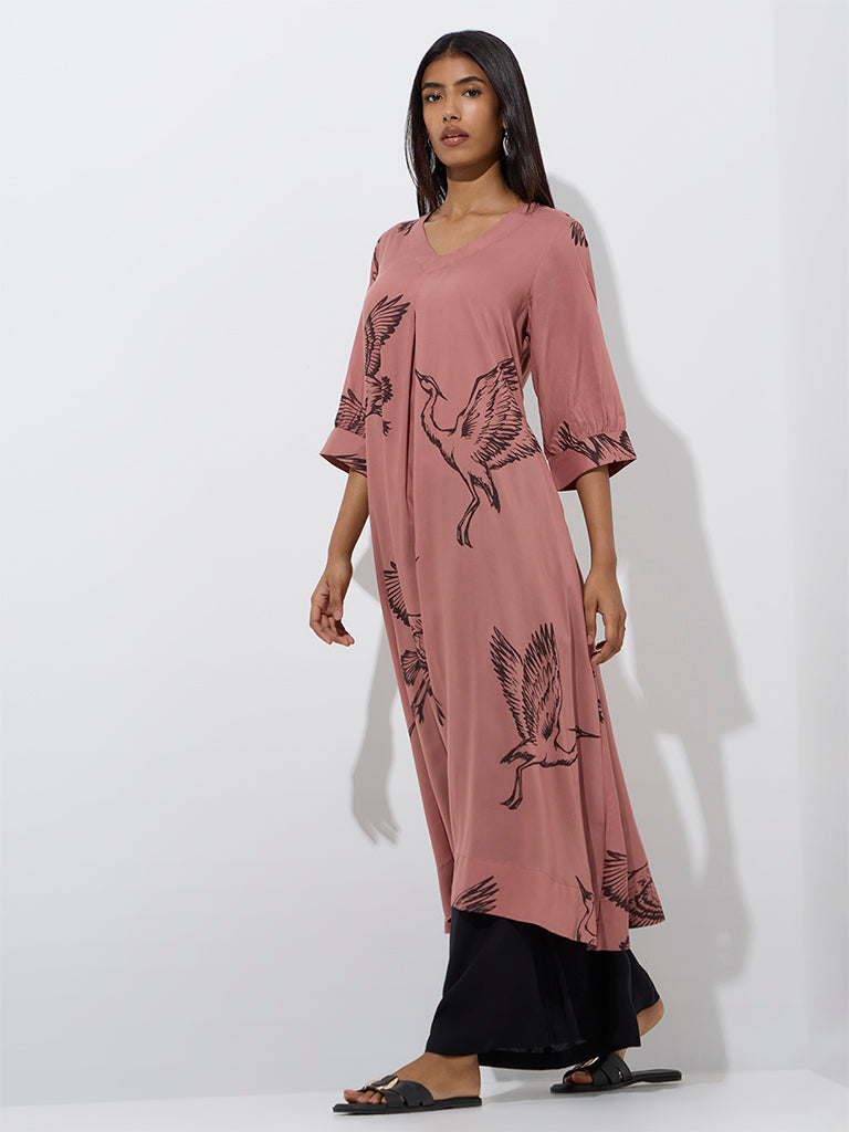 Westside Utsa Women's Dusty Peach Bird Printed A-Line Kurta for Work Wear Full Model View