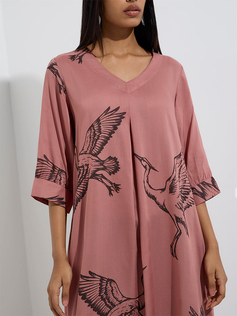 Westside Utsa Women's Dusty Peach Bird Printed A-Line Kurta for Work Wear Zoom View