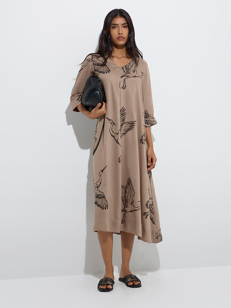 Westside Utsa Women's Taupe Bird Printed A-Line Dress for Work Wear Front View