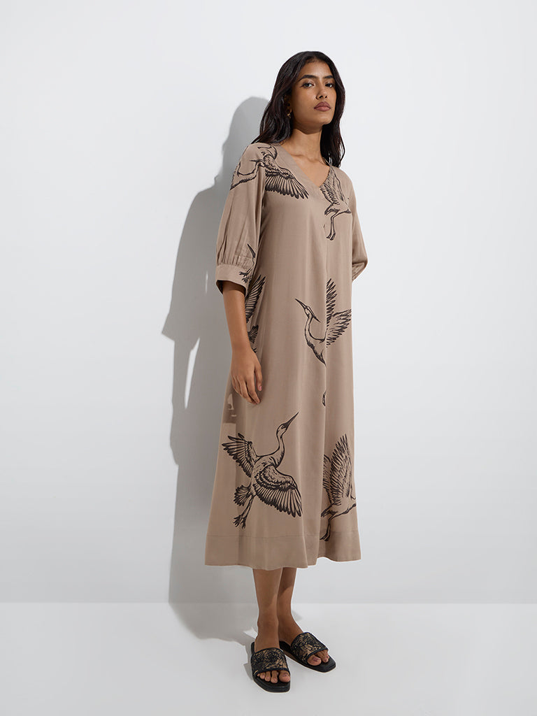 Westside Utsa Women's Taupe Bird Printed A-Line Dress for Work Wear Full Model View