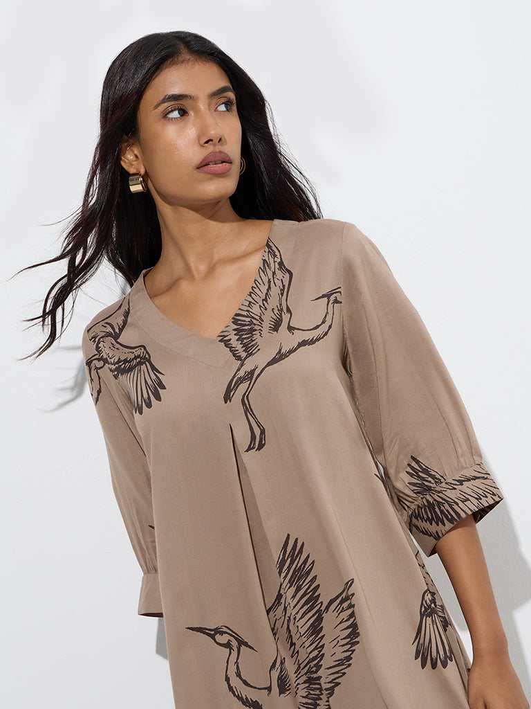 Westside Utsa Women's Taupe Bird Printed A-Line Dress for Work Wear Zoom View