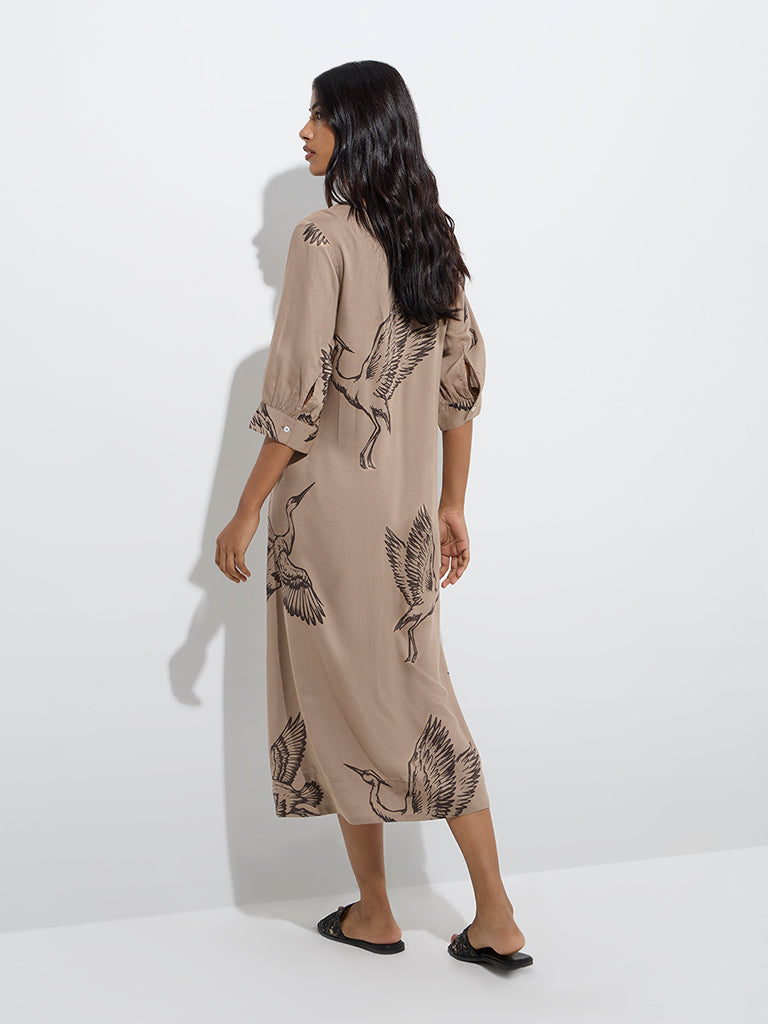 Westside Utsa Women's Taupe Bird Printed A-Line Dress for Work Wear Back View