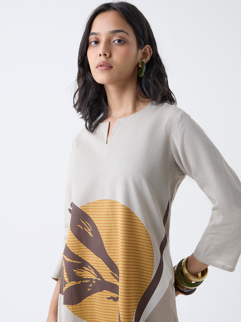 Utsa Taupe Printed A-Line Cotton-Blend Kurta