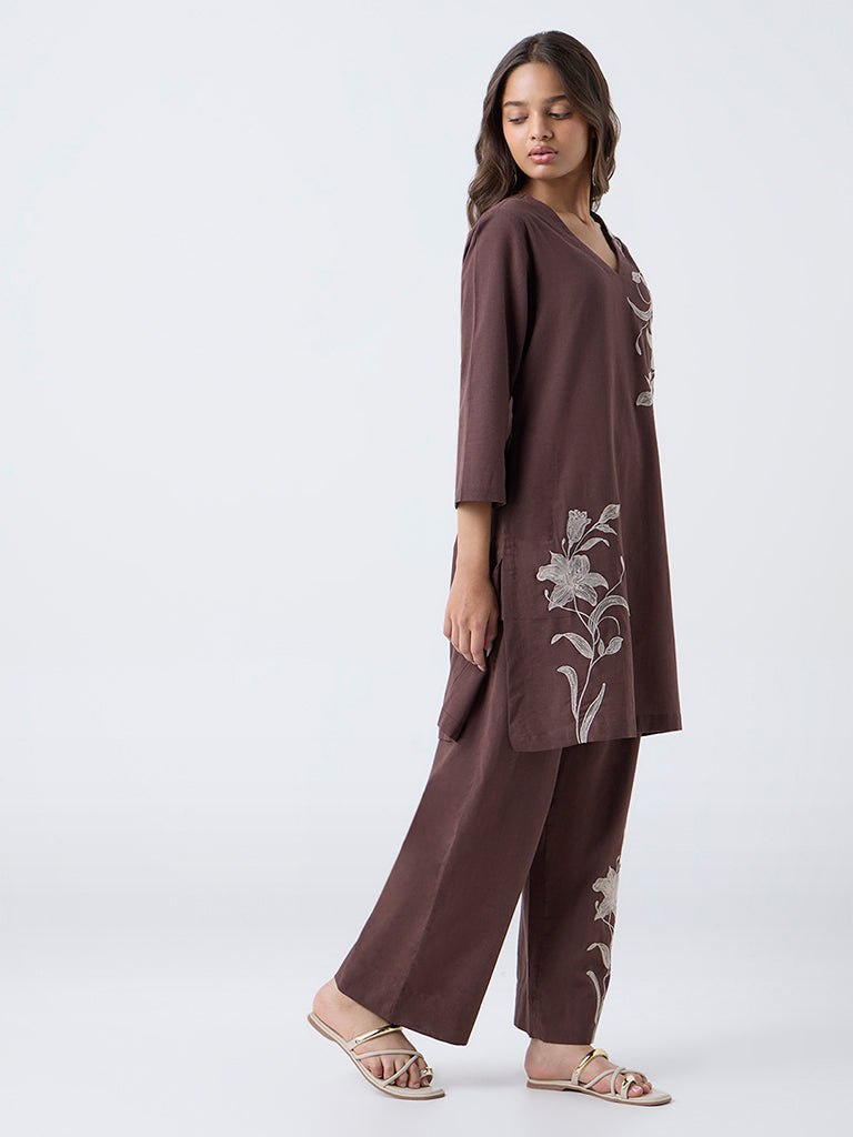 Utsa Brown Floral Embroidered Cotton-Blend A-Line Kurta
