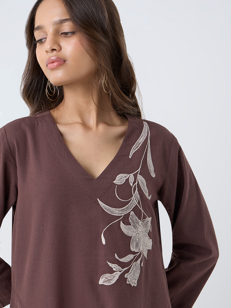 Utsa Brown Floral Embroidered Cotton-Blend A-Line Kurta